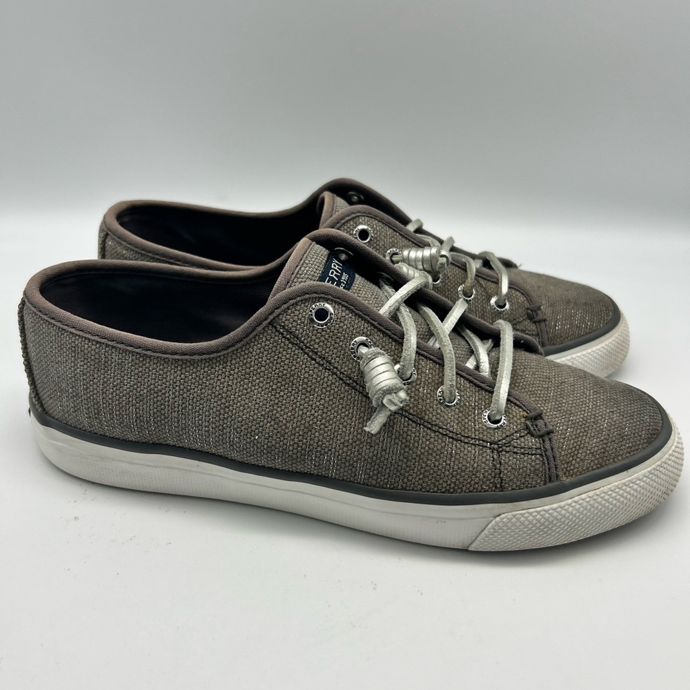 Sperry Women's sz 7.5 Seacoast Silver Metallic Canvas Boat shoe STS80327 GUC